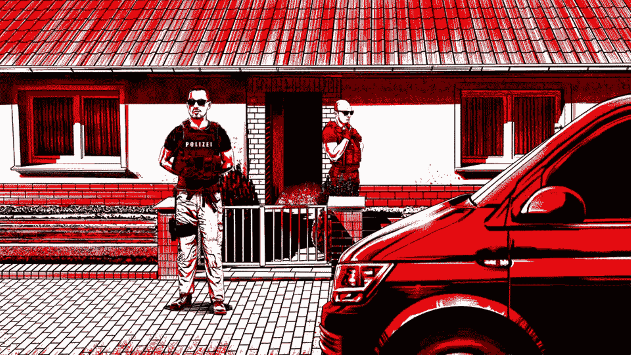 Animierte Illustrationen zum Thema Razzia und Bombenfund
