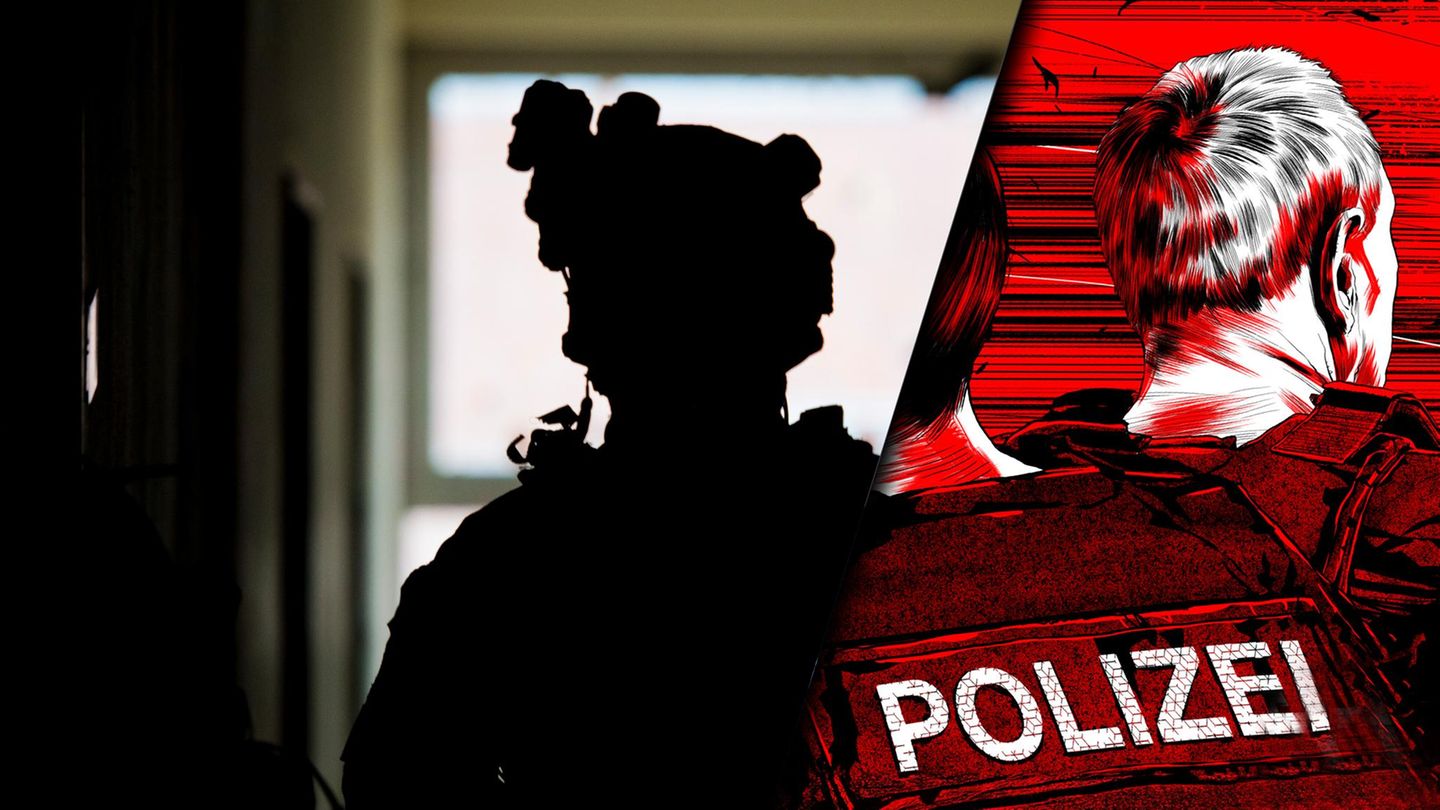 Ein Umriss eines Polizisten im Schatten und eine Illustration von zwei Polizisten