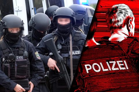 Extremismus: Polizisten in Kampfmontur und eine Illustration mit Polizisten