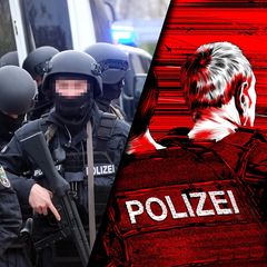 Extremismus: Polizisten in Kampfmontur und eine Illustration mit Polizisten