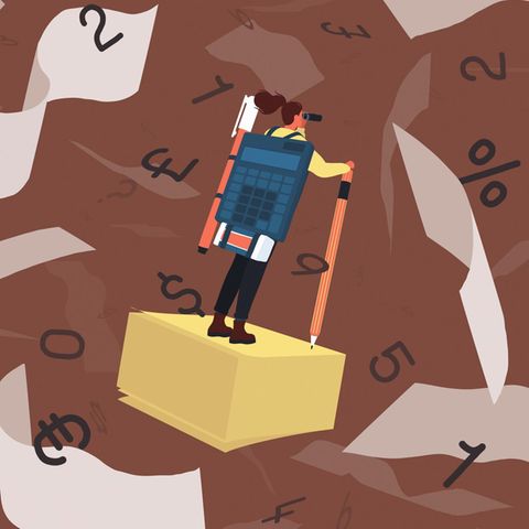 Investment: The graphic shows a woman with a calculator as a backpack