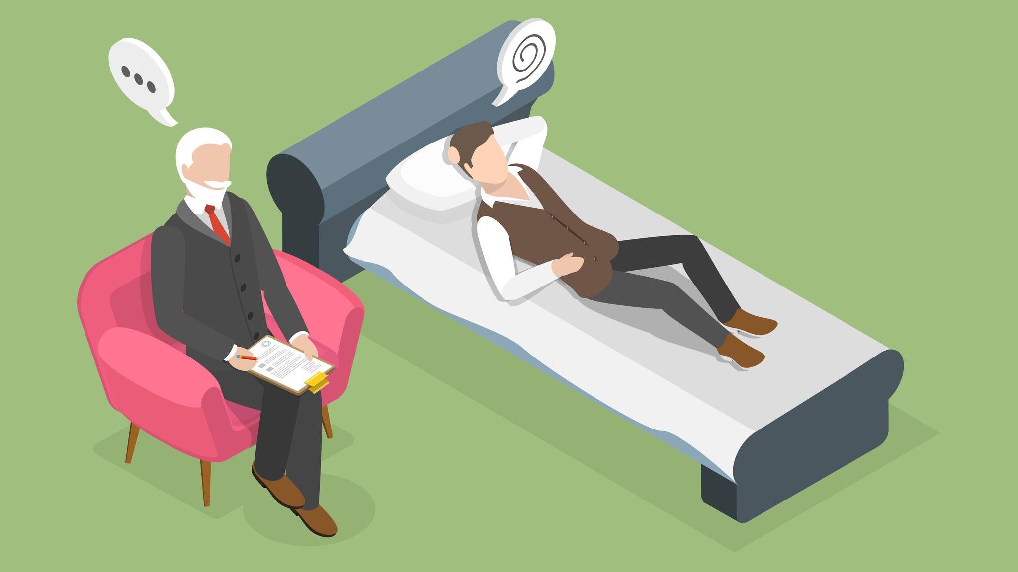 Eine Illustration zeigt einen Therapeuten im Sessel neben einem Patienten auf der Liege.