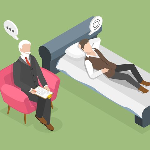 Eine Illustration zeigt einen Therapeuten im Sessel neben einem Patienten auf der Liege.