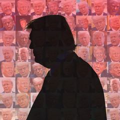 Collage aus kleinen Gesichtern von Trump und seiner Silhouette