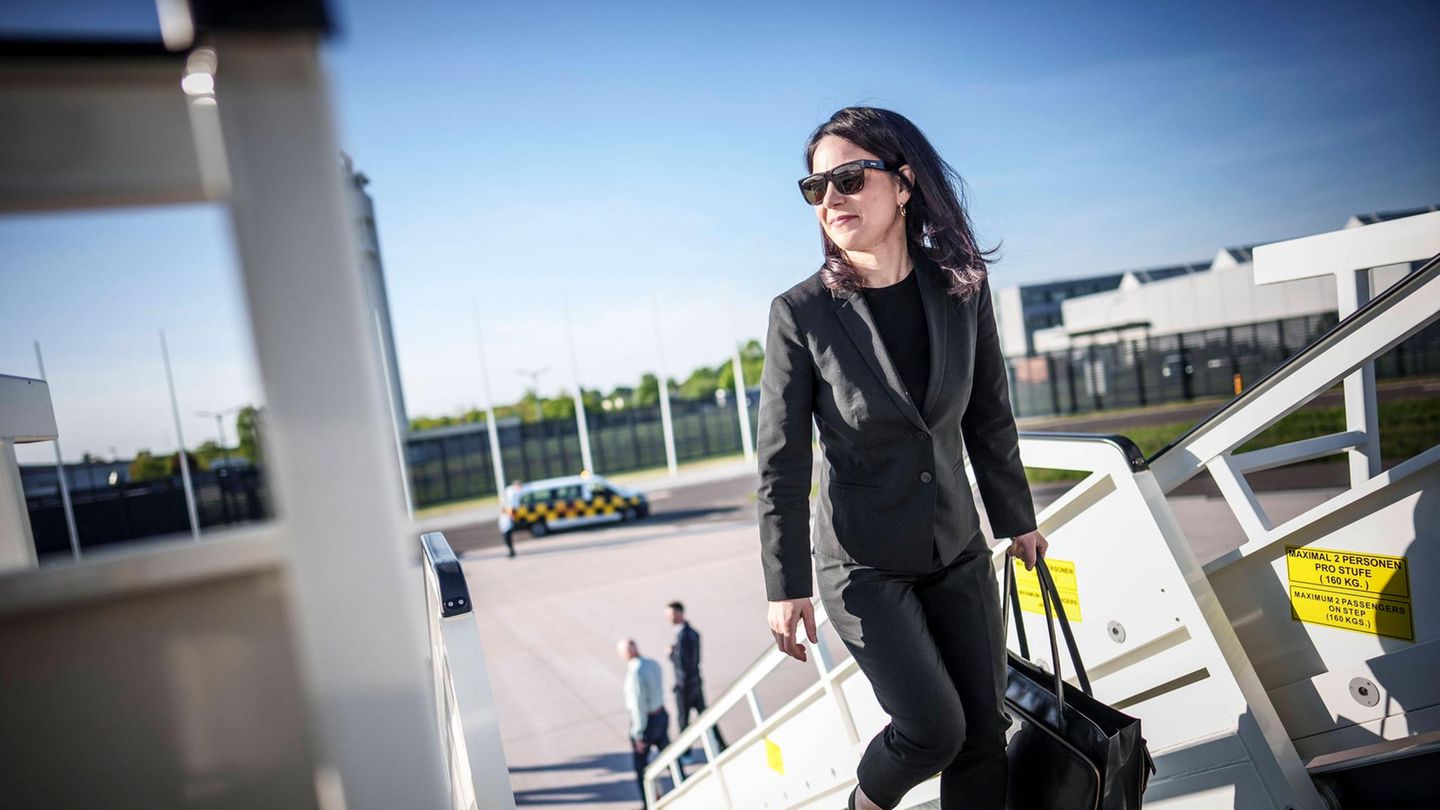 Annalena Baerbock steigt mit Sonnenbrille in ein Flugzeug