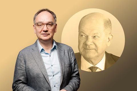 stern Montage: Nico Fried vor Olaf Scholz im Hintergrund