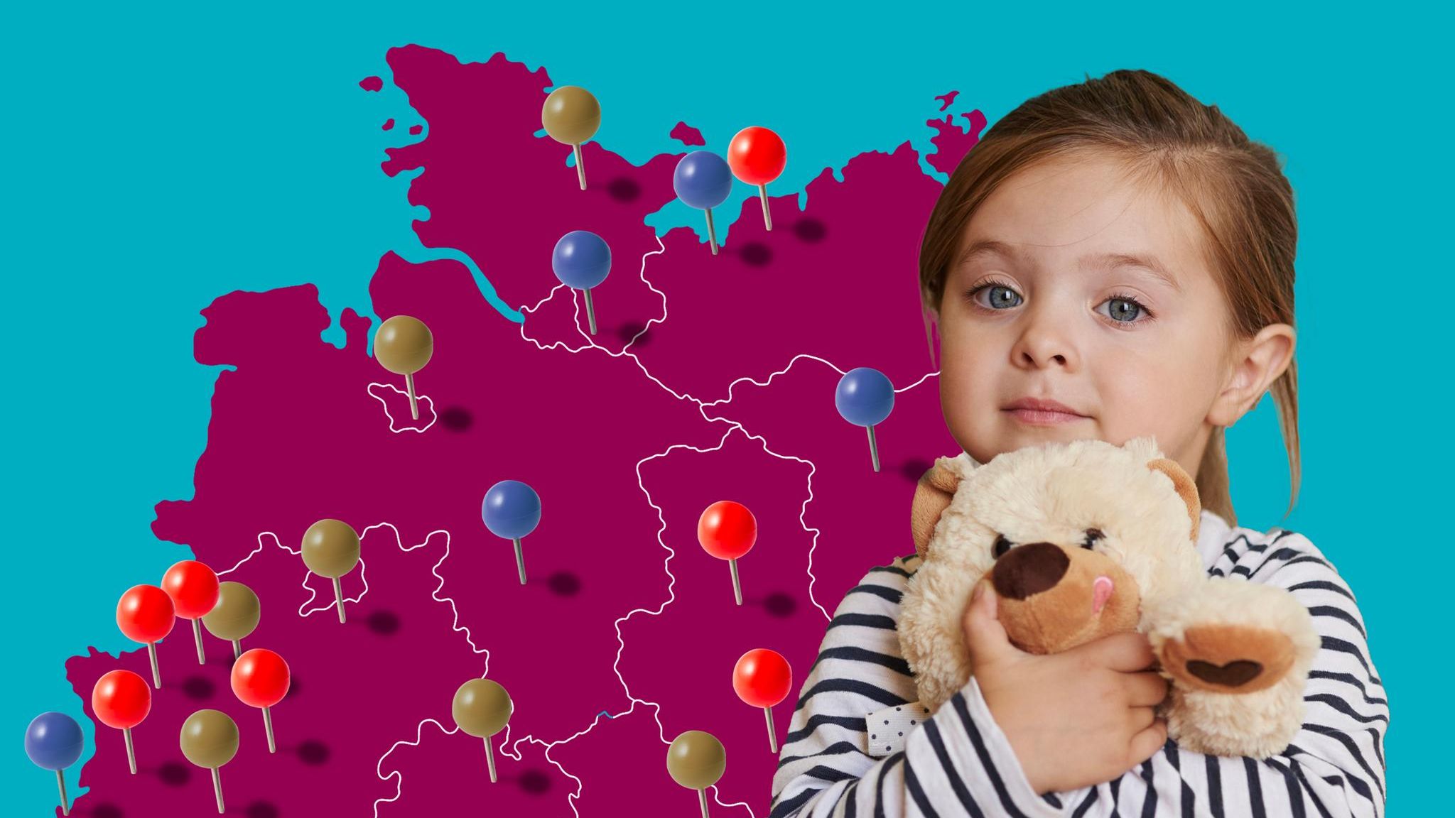 Eine Deutschlandkarte mit Pins als Illustration zum Thema Kindergarten