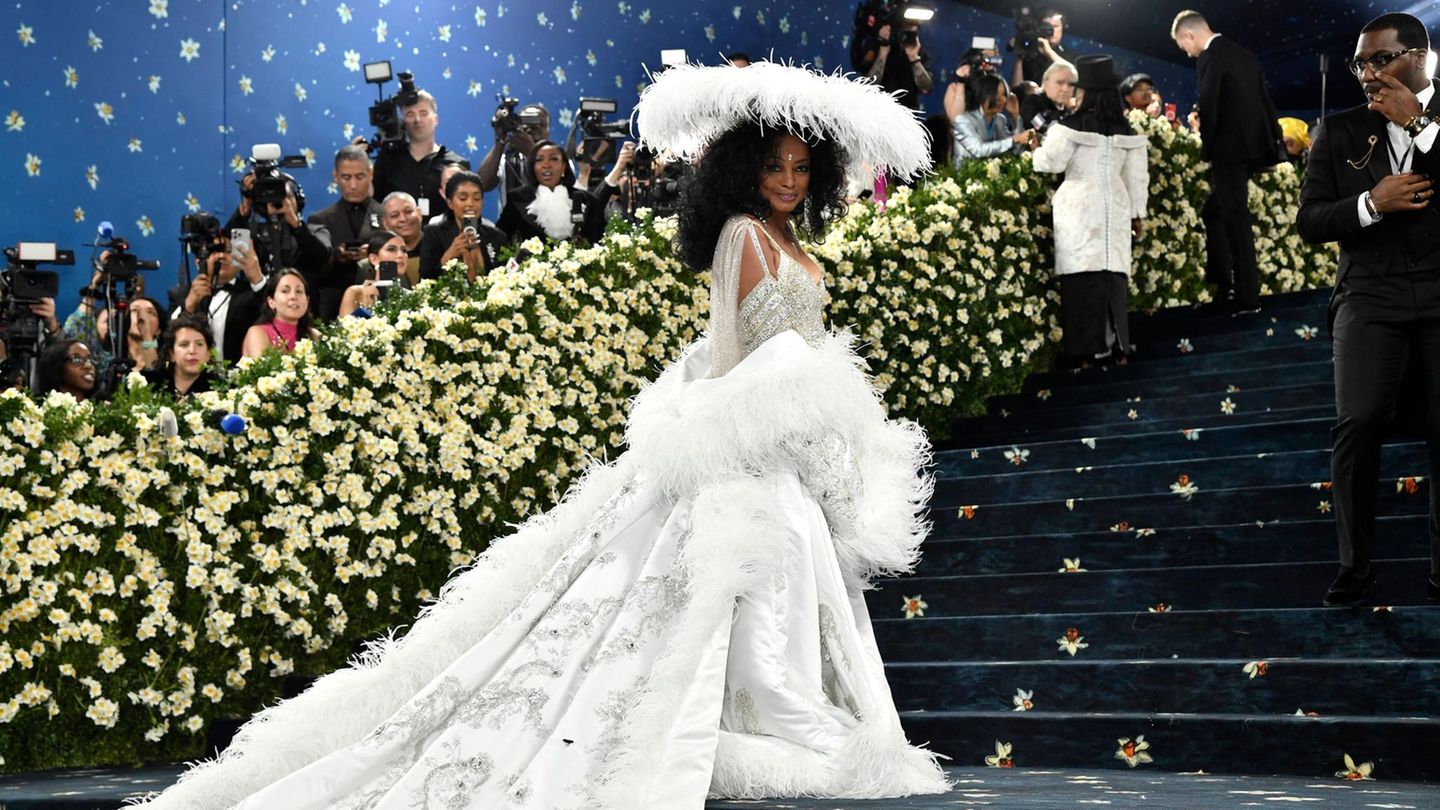 Im strahlend weißen Federkleid stolzierte US-Sängerin Diana Ross durch das Blitzlichtgewitter