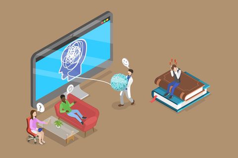 Eine Illustration zeigt, wie ein Mensch auf der Couch Tipps vom Therapeuten erhält.