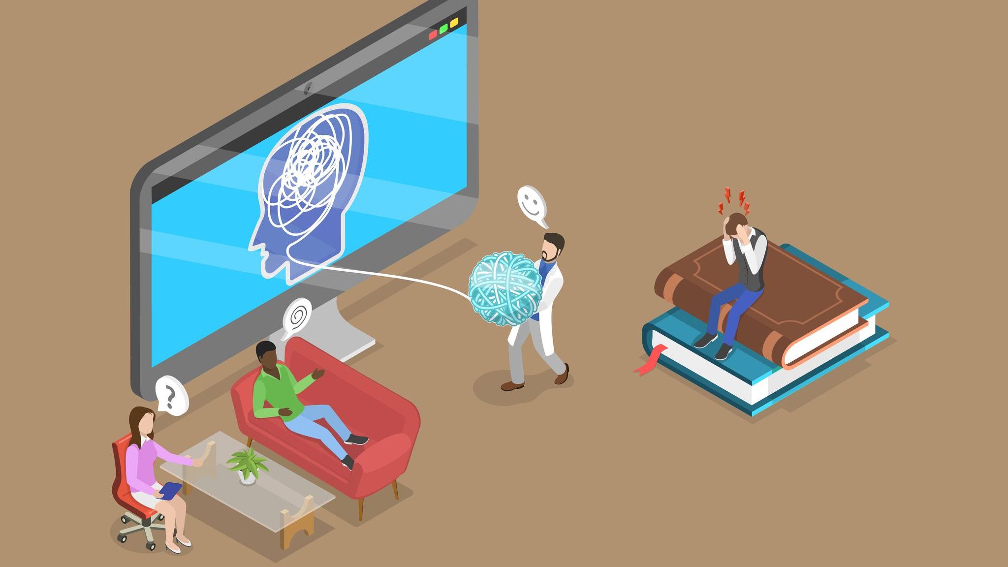 Eine Illustration zeigt, wie ein Mensch auf der Couch Tipps vom Therapeuten erhält.
