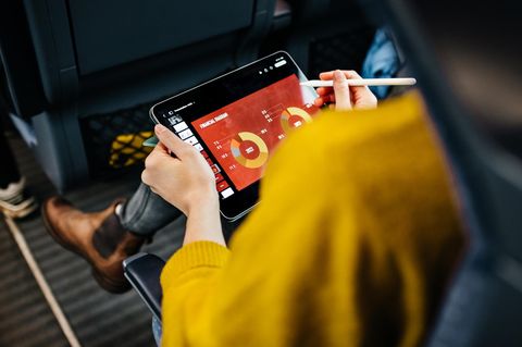 Dealnews: Frau arbeitet mit Tablet im Zug