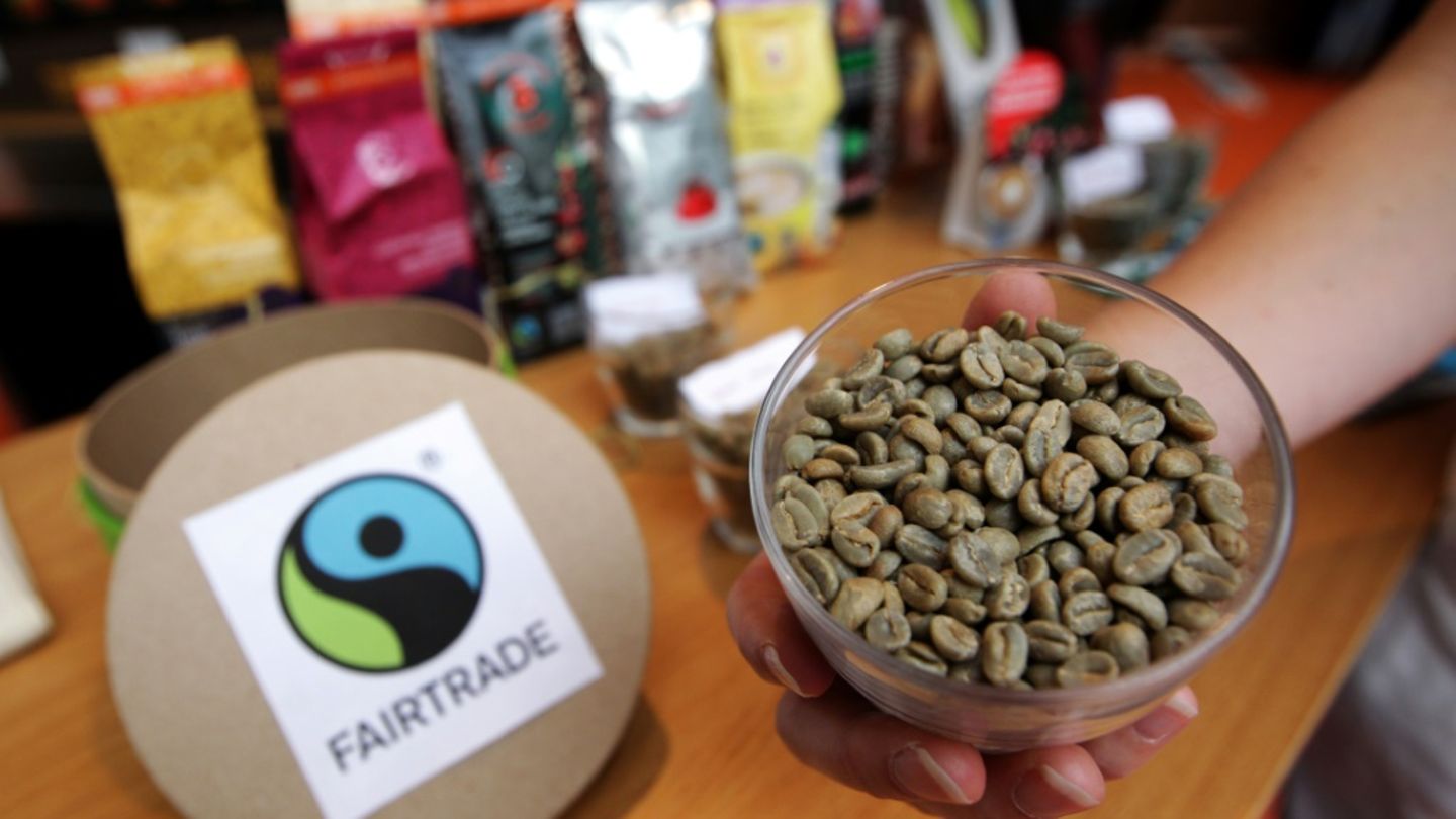 Ungeröstete Kaffeebohnen neben Fairtrade-Siegel