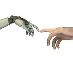 Die Fingerspitze einer Roboterhand berührt die Fingerspitze einer menschlichen Hand