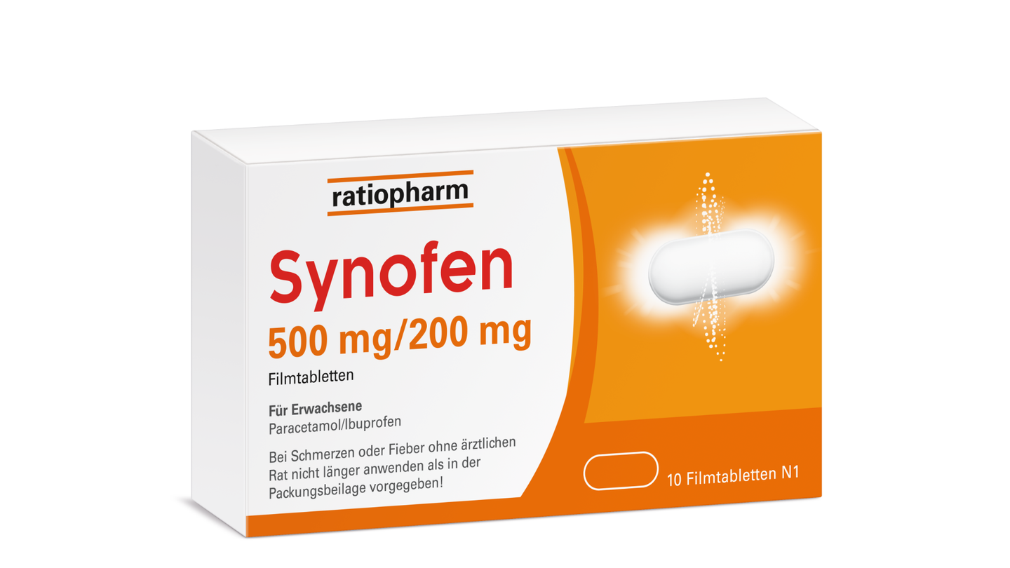 Synofen enthält Paracetamol und Ibuprofen in niedriger Dosierung. Paracetamol sorgt für eine schnelle Schmerzlinderung, während Ibuprofen für eine langanhaltende Wirkung bekannt ist. Das Medikament ist wirksam gegen eine Vielzahl von Schmerzen, darunter Kopfschmerzen, Zahnschmerzen, Rückenschmerzen und Gelenkschmerzen.  Paracetamol belastet die Leber, daher darf es nicht eingenommen werden, wenn die Leberfunktion stark eingeschränkt ist. Ibuprofen gehört zu den nichtsteroidalen Antirheumatika (NSAR) und darf bei schweren Leber- oder Nierenfunktionsstörungen nicht eingenommen werden. Auch bei gestörter Blutbildung, schweren, chronisch-entzündlichen Darmerkrankungen oder ausgeprägter Herzschwäche sollte Ibuprofen vermieden werden