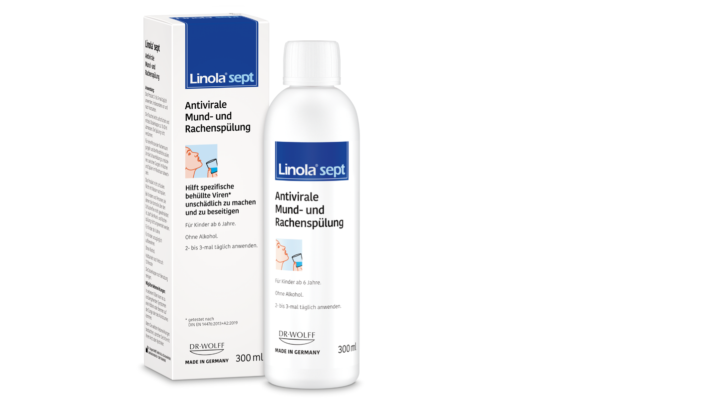 Linola Sept setzt auf die antibakterielle und antivirale Wirkung des Phenoxyethanols. Wichtig: Gut schütteln, gründlich ausspucken nach dem Gurgeln und nicht nachspülen! Laut Hersteller für Kinder ab sechs Jahren geeignet.