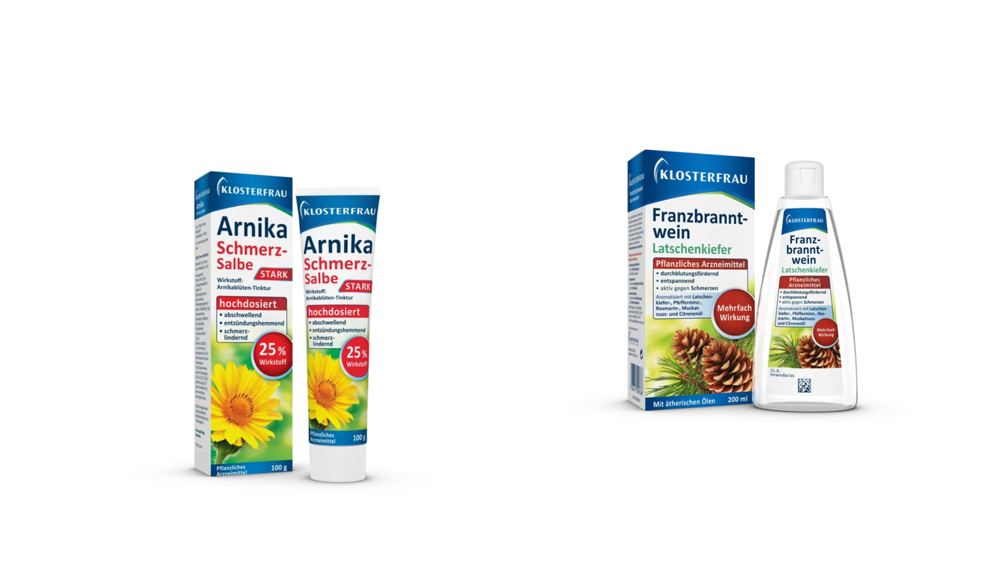 Franzbrandwein und Arnika sind Klassiker in der Naturheilkunde bei Verstauchungen, Gelenkschmerzen und Muskelkater. Das "Brand" im Namen kommt vom altdeutschen Wort für Schmerz. Der Alkohol im Brandwein verdunstet, wodurch ein Kühlungseffekt entsteht, gleichzeitig wirken die ätherischen Öle schmerzlindernd. Arnika zählt zu den Giftpflanzen; als Extrakt in der äußerlichen Anwendung wirkt sie entzündungshemmend, antimikrobiell und fördert die Durchblutung. Arnika sollte nicht in Kontakt mit Augen oder Schleimhäuten kommen. Am besten Einweghandschuhe tragen oder die Hände gründlich abwaschen.