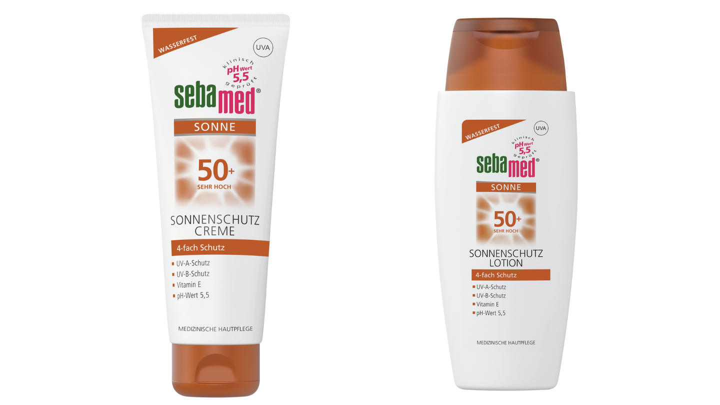 Die Sonne wird immer aggressiver. Vor allem für Menschen mit sensibler Haut reichen die üblichen Lichtschutzfaktoren um 30 nicht mehr aus. Aber auch wer sich länger draußen aufhält und exponierte Stellen wie Nase, Hals und Nacken schützen will, ist mit hohen Schutzwerten von 50+ gut beraten. Der Sonnenschutz von Sebamed als medizinische Hautpflege. Der UV-A-Schutz hilft, Sonnenallergien und vorzeitiger Hautalterung entgegenzuwirken. UV-B-Schutz gegen Sonnenbrand. Vitamin E soll als Antioxidans freie Radikale neutralisieren, der pH-Wert 5,5 stabilisiert den Hautschutzmantel.   