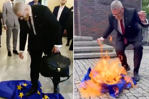Der polnische Minister Braun verbrennt eine EU-Flagge