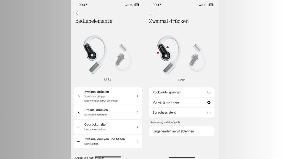 Bedienelemente in der App der Nothin Ear (open)
