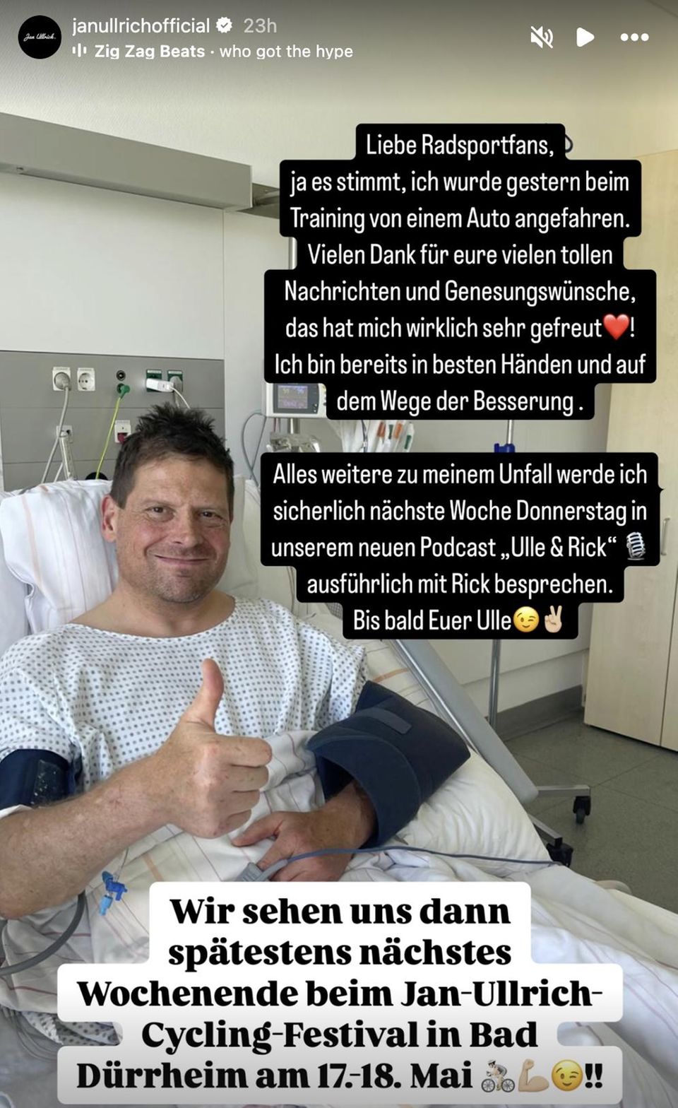 Jan Ullrich meldet sich via Instagram aus dem Krankenhausbett