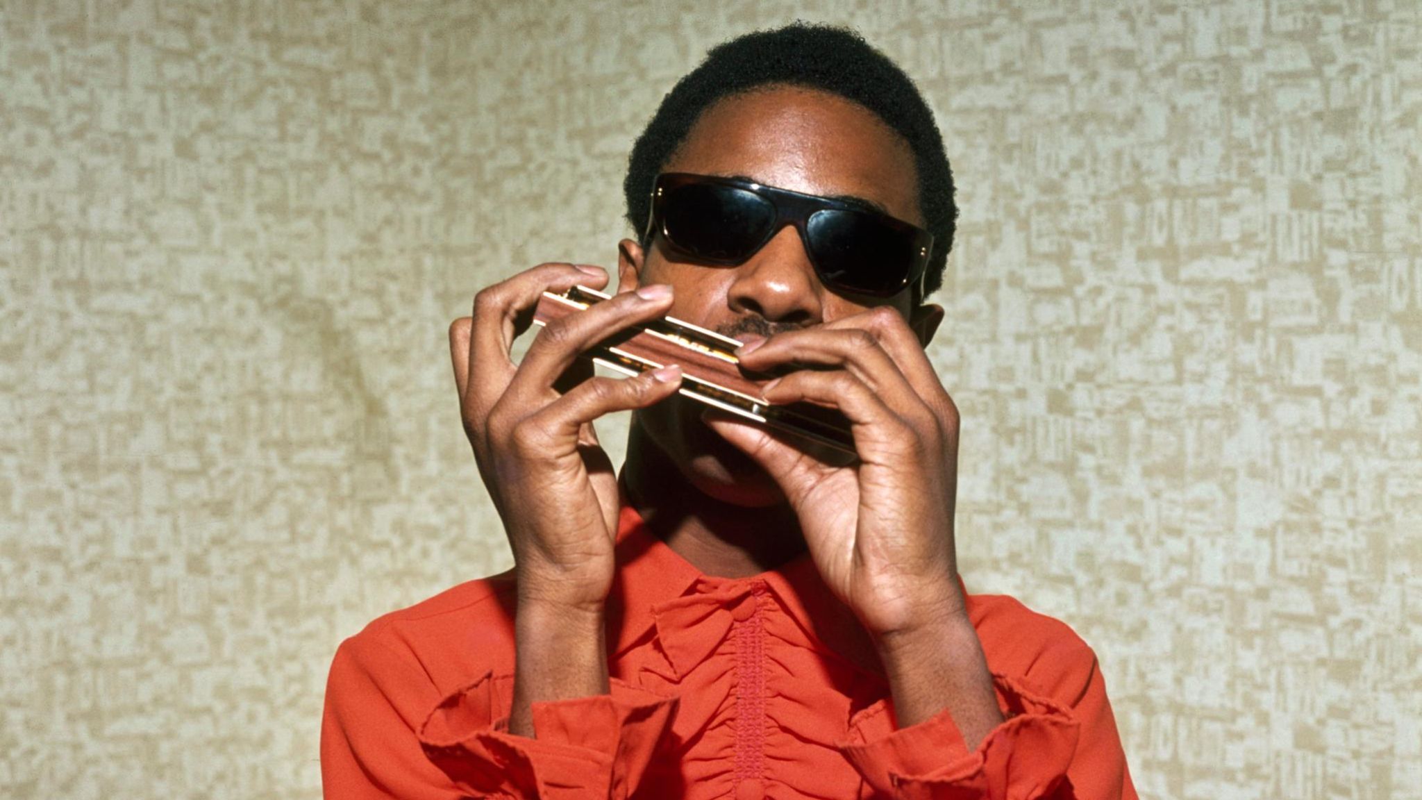 Stevie Wonder im Jahr 1975 mit einer Mundharmonika
