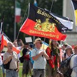 Ein Mann schwenkt eine Flagge auf einer Demonstration