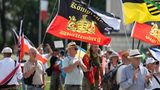 Ein Mann schwenkt eine Flagge auf einer Demonstration