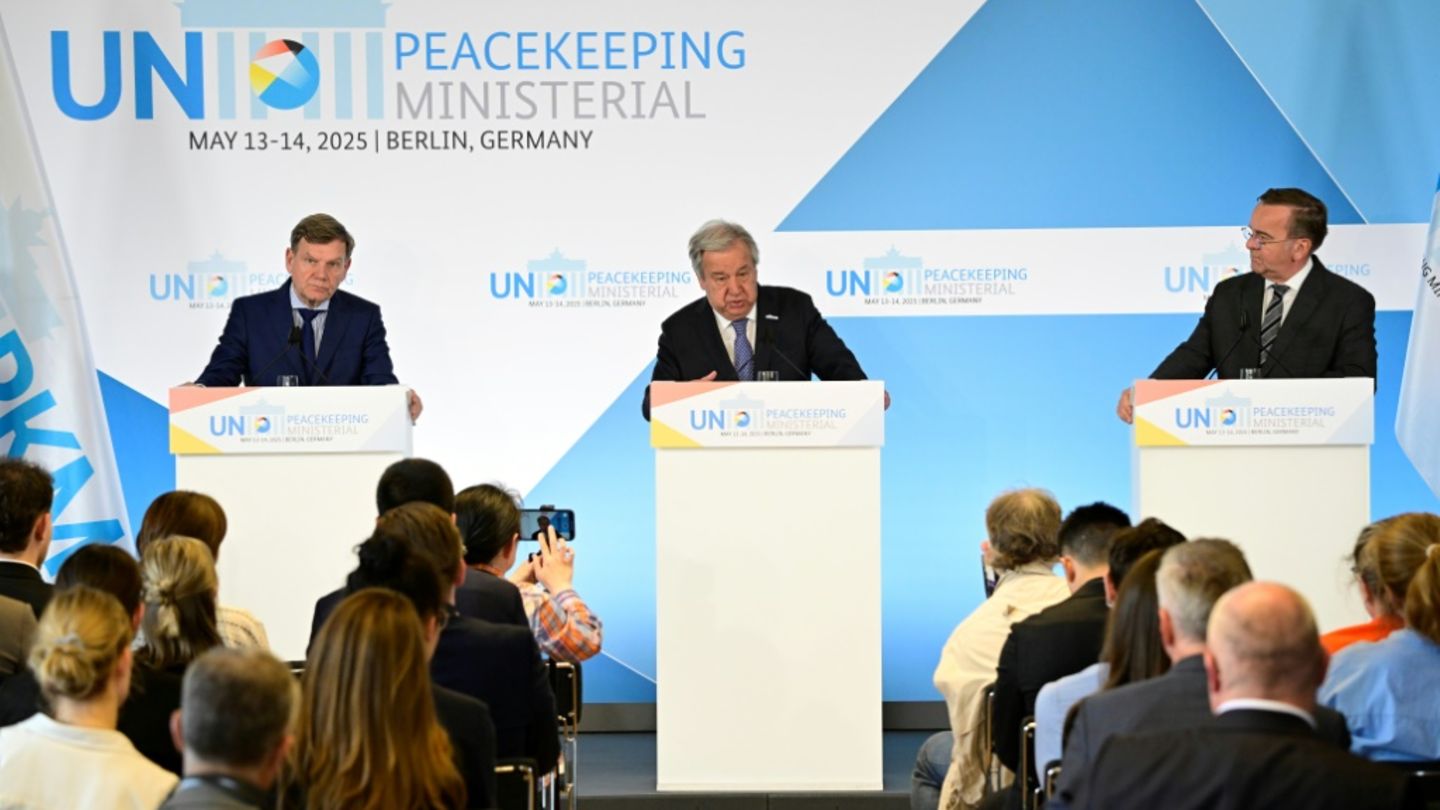 Wadephul, Guterres und Pistorius (v.l. nach r.) bei Pk.