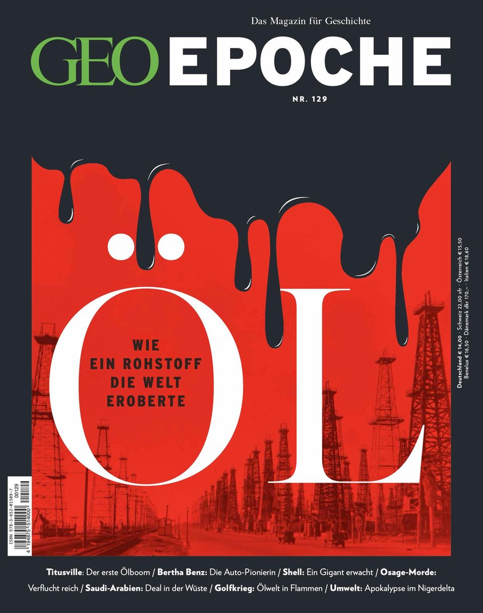Titelbild des Magazins GEO EPOCHE zum Thema Öl, das als schwarze Masse vom oberen Bildrand über den Titel läuft Titelbild des Magazins GEO EPOCHE zum Thema Öl, das als schwarze Masse vom oberen Bildrand über den Titel läuft