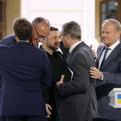 Emmanuel Macron, Friedrich Merz, Wolodymyr Selenskyj, Keir Starmer und Donald Tusk am 10. Mai in Kiew