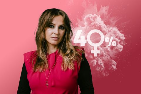 Jagoda Marinic in einer Collage mit der Zahl 40 Prozent im Hintergrund