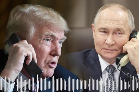 Links: US-Präsident Donald Trump am Telefon; Rechts: Russlands Präsident Wladimir Putin am Telefon