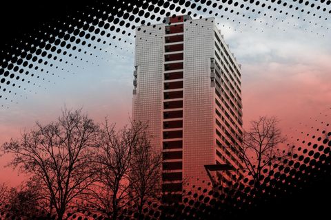 Montage zeigt ein mehrstöckiges Hochhaus