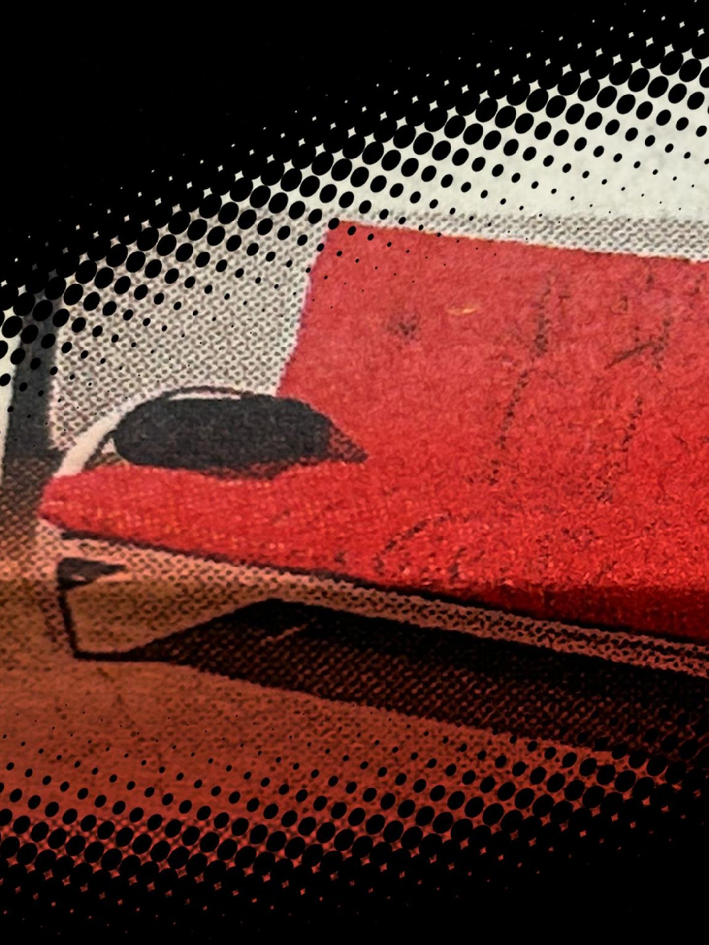 Montage zeigt Abbildung eines roten Sofas in einer Zeitung