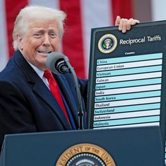 Donald Trump hält ein Schild mit seinen Zöllen