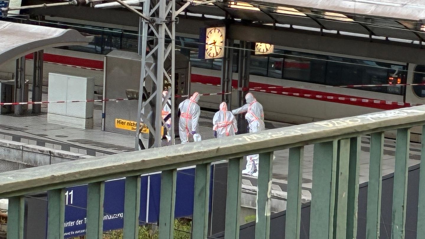 Fünf Personen in weißen Schutzanzügen auf einem Gleis des Hamburger Hauptbahnhofs