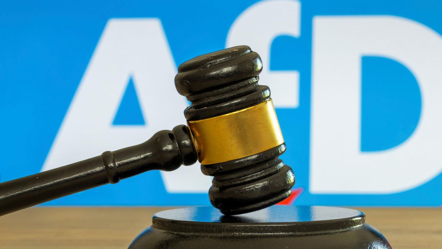 Richterhammer vor dem AfD-Logo