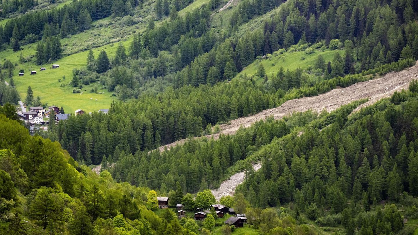 Auf der linken Seite sind Häuser zu sehen, rechts die Überreste der Lawine