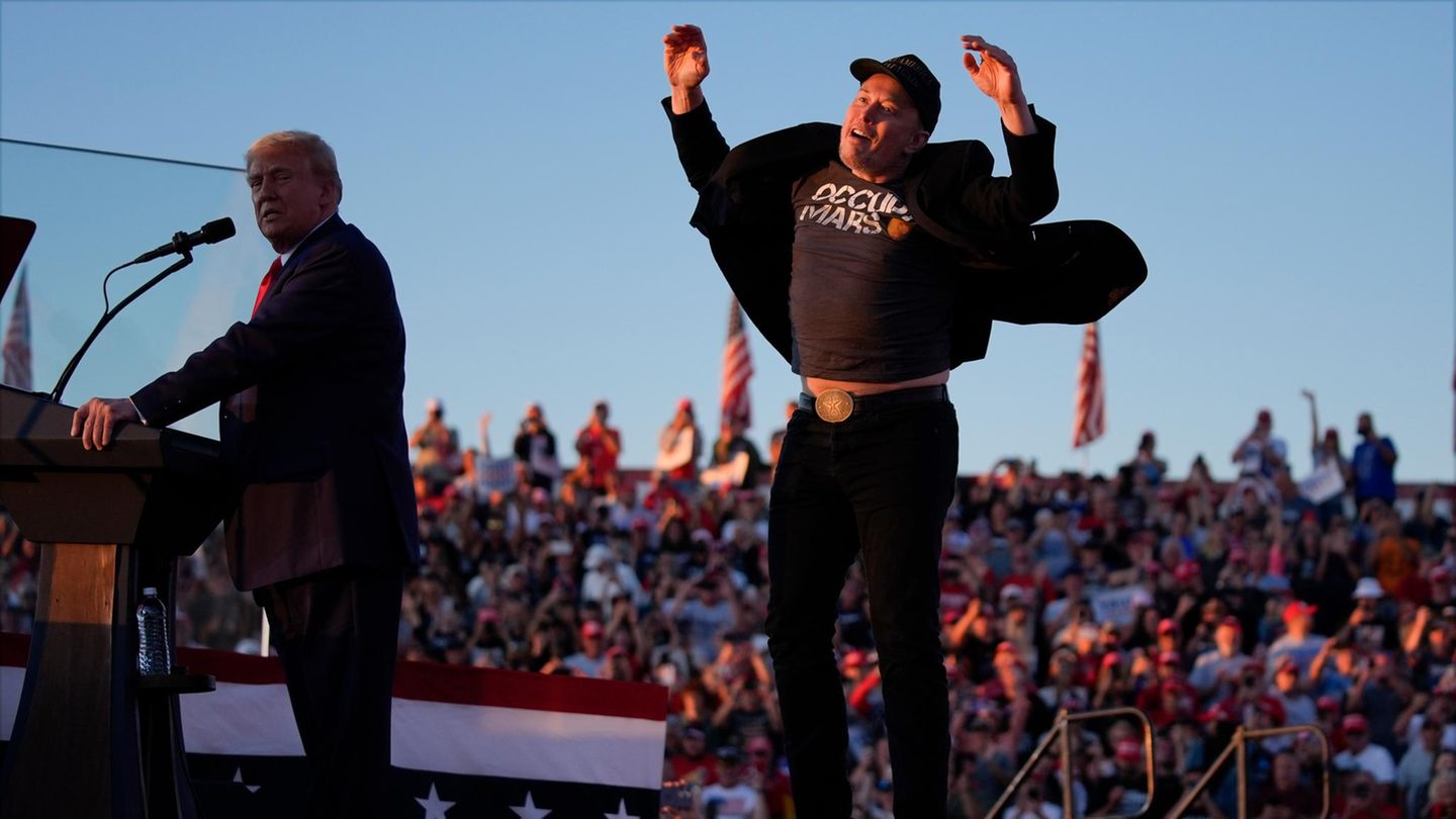 Jump to the shark pool politics Elon Musk on a campaign appearance next to Donald Trump