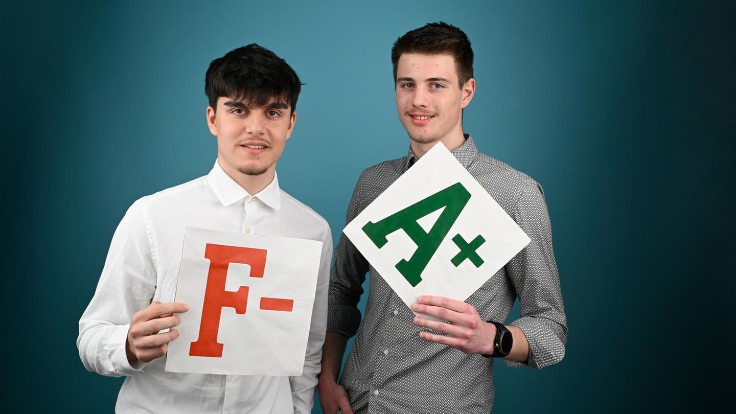 zwei junge Männer halten die Noten A und F in den Händen