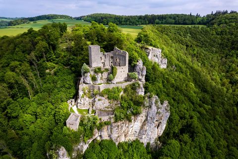 Ruine Reußenstein am Fels, umgeben von dichtem Wald