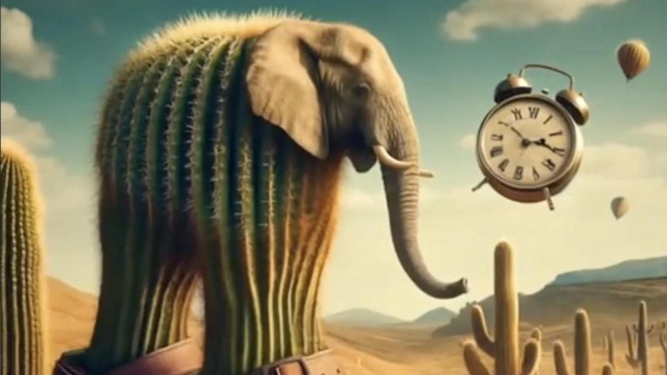 In einem KI-Video geht ein Kaktus mit Elefantenkopf in zwei riesigen Latschen durch die Wüste