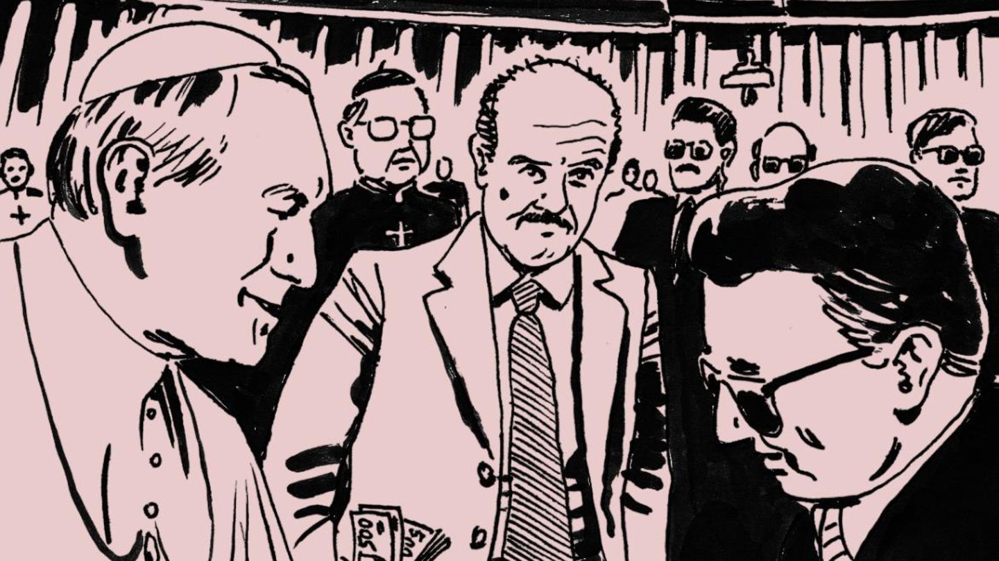 Johannes Paul II., Banker Roberto Calvi (Mitte) und ein Kunde Johannes Paul II., Banker Roberto Calvi (Mitte) und ein Kunde