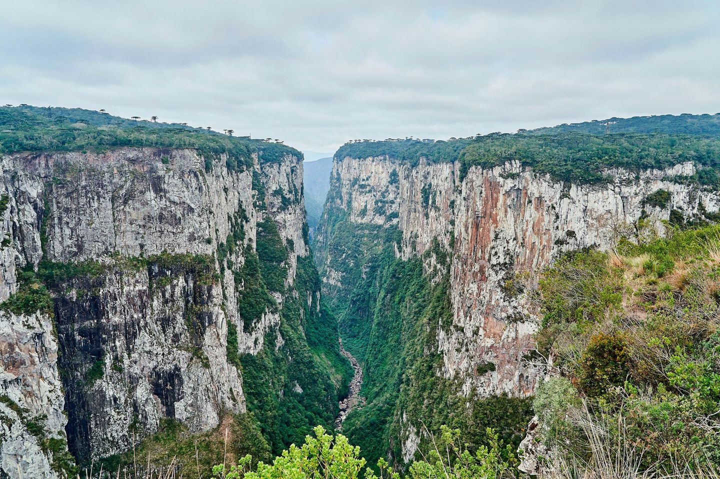 Itaimbezinho, Brasilien 170 Kilometer nordöstlich von Porto Alegre, inmitten des brasilianischen Bundesstaates Rio Grande do Sul, liegt der 800 Meter tiefe Itaimbezinho Canyon. Entlang seiner bizarr geformten Felsklippen, liegen versteckte Hochmoore und die einzigartige Vegetation des angrenzenden Regenwalds bietet vielen Lebewesen ein Zuhause. Genau aus diesem Grund wird die Schlucht seit 1959 durch den Nationalpark Aparados da Serra geschützt. Die Wanderungen zu den Aussichtspunkten sind anstrengend und erfordern Schwindelfreiheit, da viele der Trampelpfade steile Klippen passieren und die Wanderwege wetterbedingt oft rutschig sind