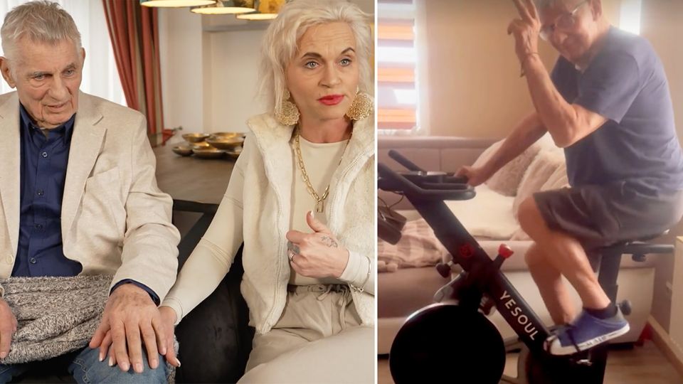 "In guten wie schlechten Zeiten": Frau von Heinz Hoenig filmt besonderen Moment Heinz Hoenig sitzt auf einem Cross-Trainer-Fahrrad und trainiert