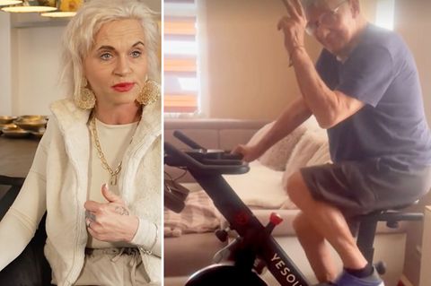 Heinz Hoenig sitzt auf einem Cross-Trainer-Fahrrad und trainiert