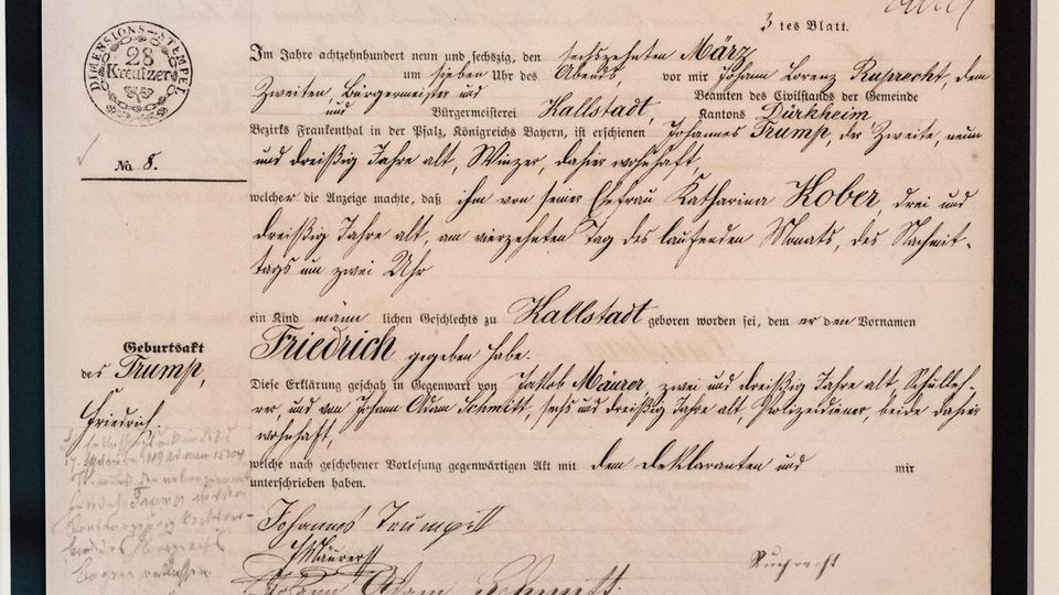 Faksimile der Geburtsurkunde von Donald Trumps Großvater Friedrich - geboren 1869 im pfälzischen Kallheim