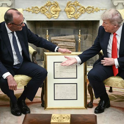 Friedrich Merz presents Donald Trump in the Oval Office a golden picture frame