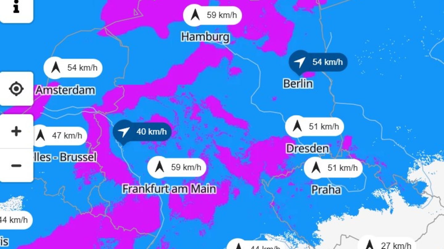 Eine Karte zeigt das Wetter mit Sturmböen, Unwetter sind möglich