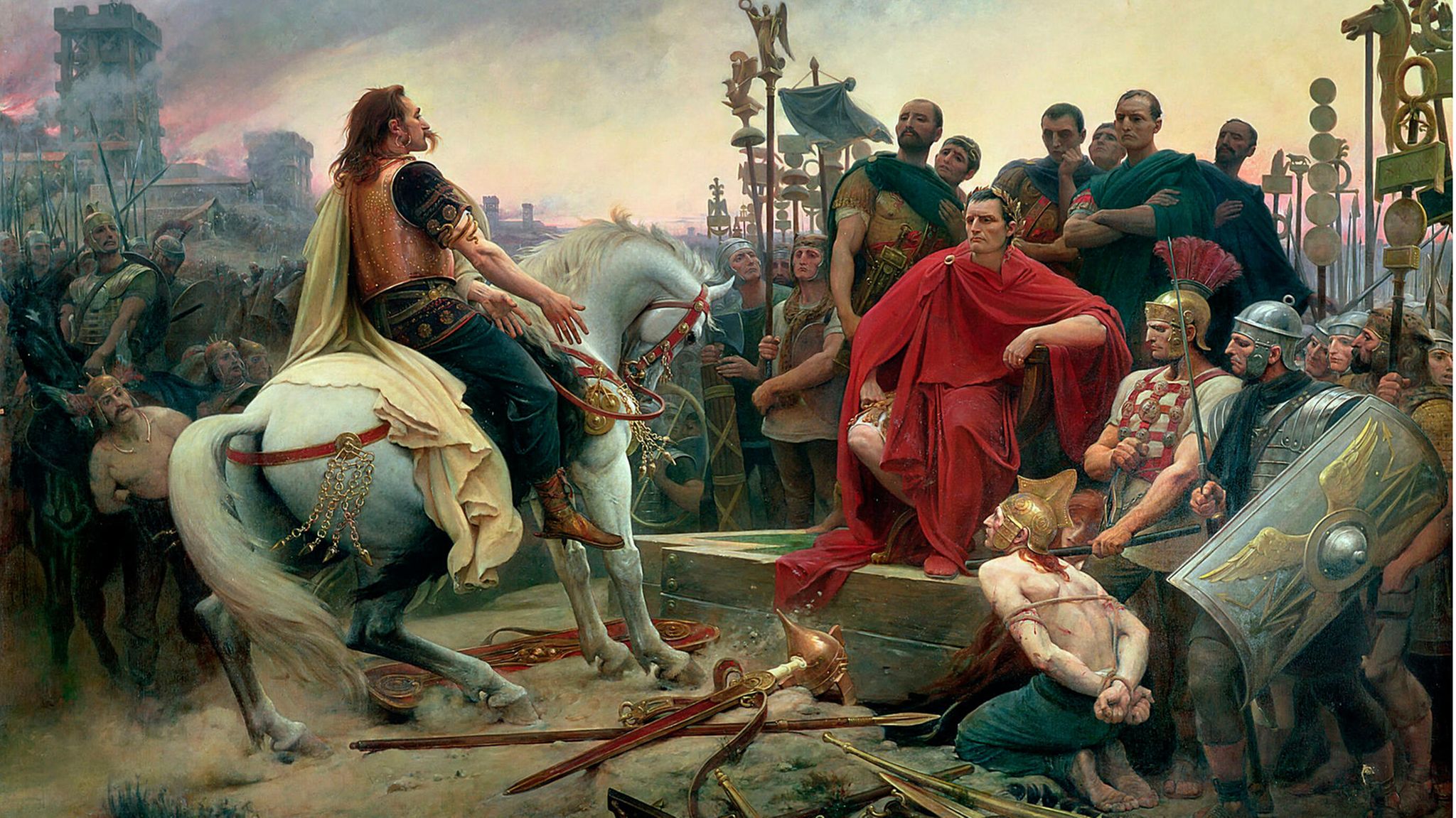 Gemälde von 1899 zeigt einen Mann auf einem Pferd vor Caesar stehend, drum herum viele Soldaten
